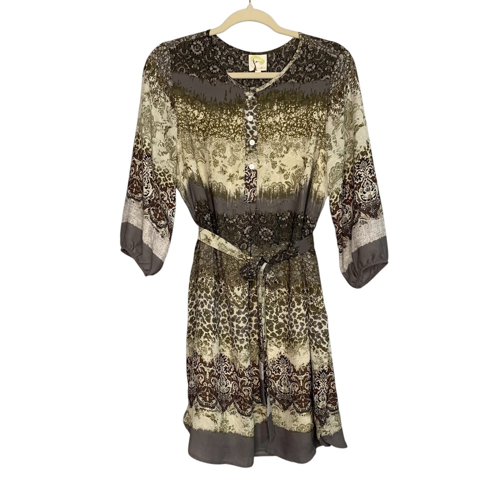 Fig and Flower Womens Medium Dress Brown Green Floral Print Button Up Belted